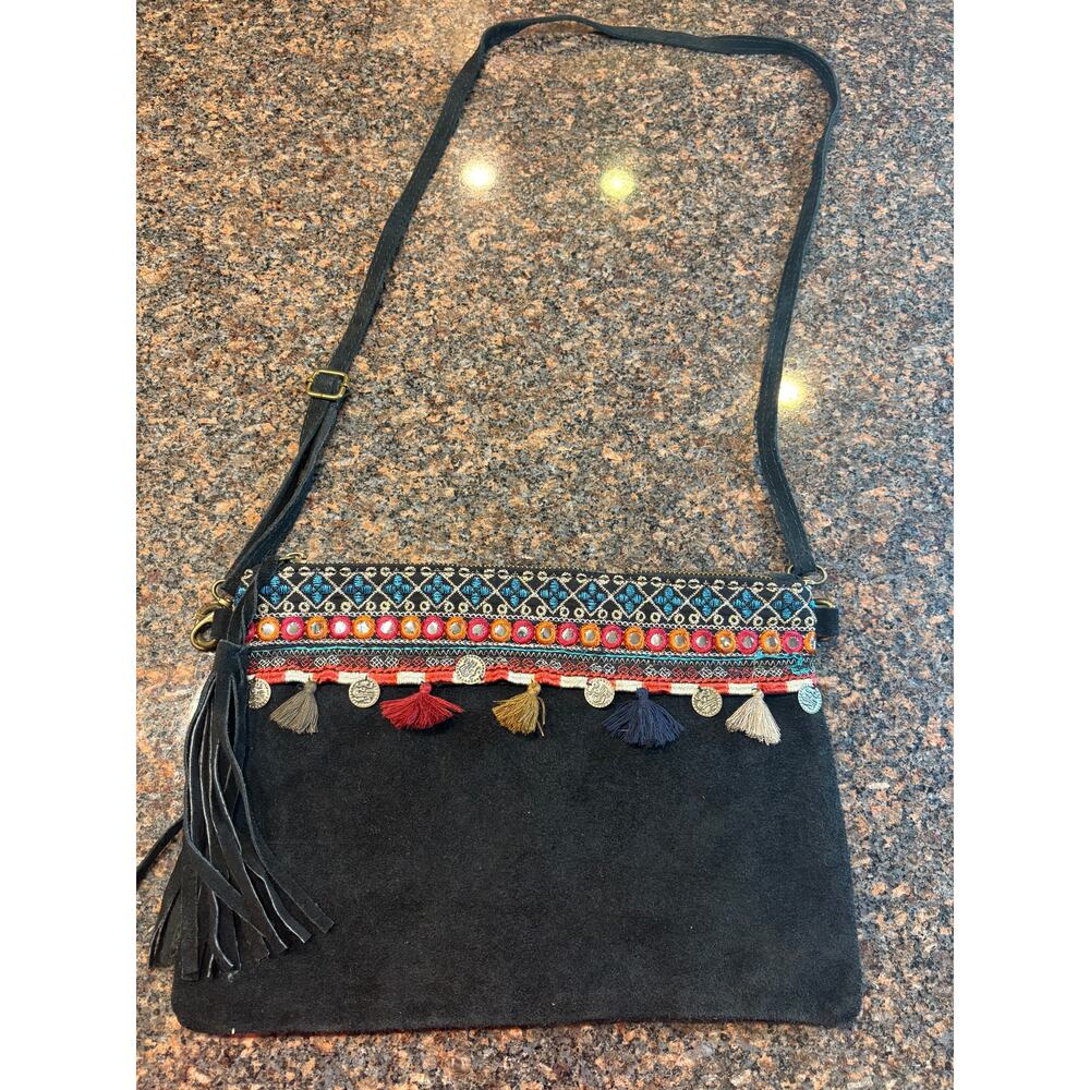 Black Suede Crossbody with Colorful Embroidered Trim & Tassels 12x9